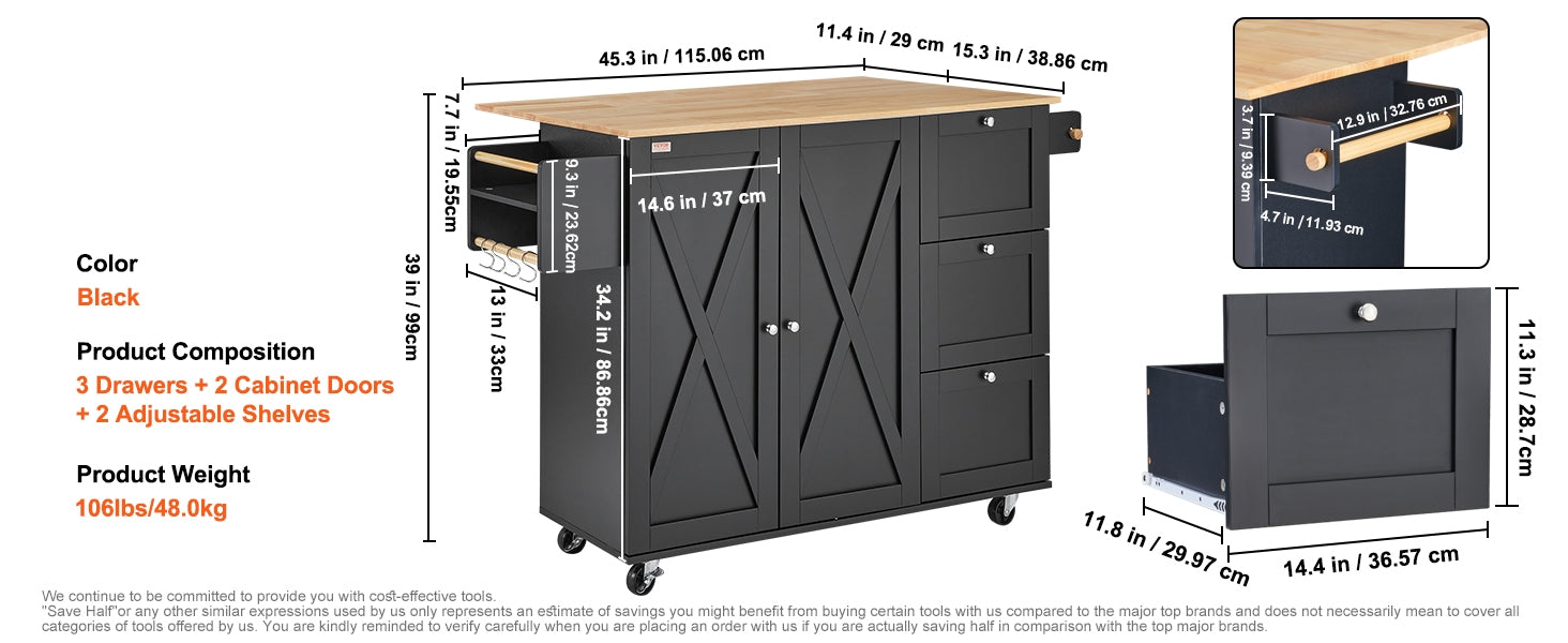 45.4" Farmhouse Black Rolling Kitchen Cart On Wheels With Storage Cabinet, Mobile Kitchen Island Cart With Drop Leaf Top, Spice Rack, Towel Bar, Adjustable Shelf, Drawers And Hooks Black Kitchen Rustic Rectangular Kitchen Carts Mdf Medium 40 55In