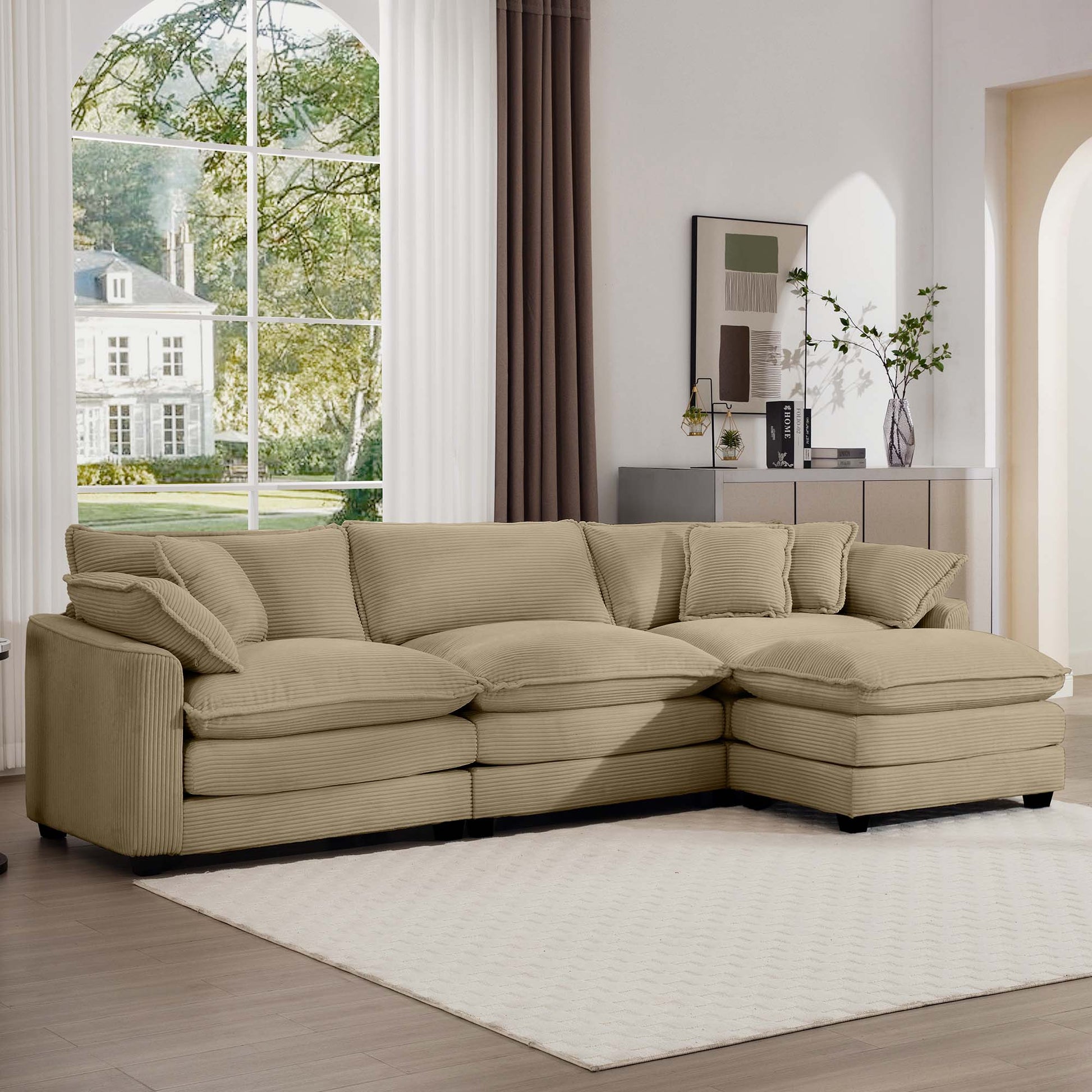 Corduroy 3 Seater Sofa With 1 Footrest, L Shaped Double Sofa With Ottoman For Small Living Rooms, Tan Corduroy Sofa Tan Corduroy 3 Seat