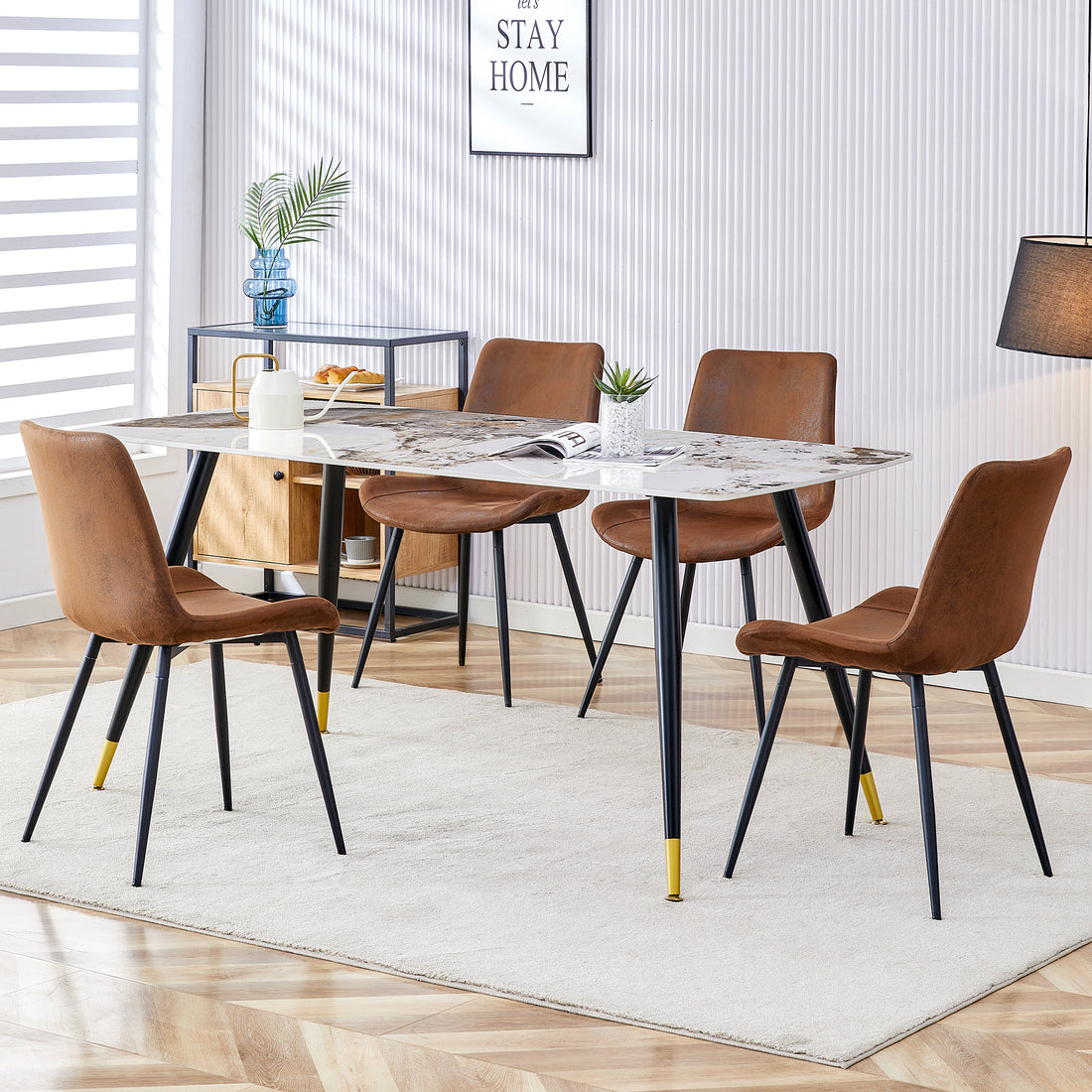 Table And Chair Set,Imitation Marble Texture Rock Board Table Top, Black Metal Table Legs, Stable And Beautiful. Modern Simple Dining Table, Comfortable Seating. Brown White Seats 4 Metal