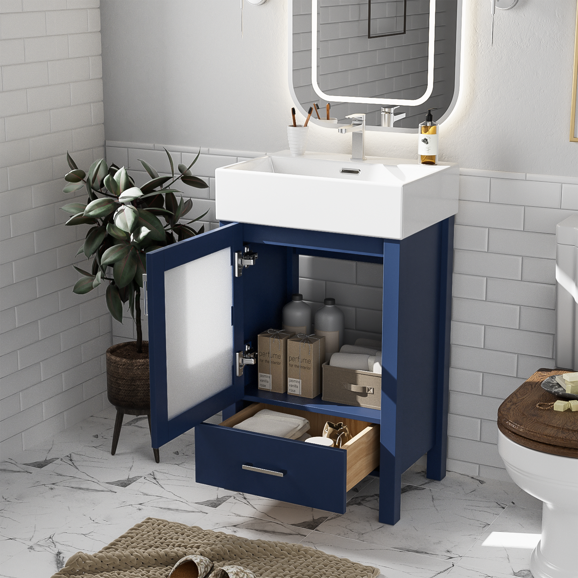 20 Inch Bathroom Vanity With Ceramic Sink Andstorage Ideal For Small Bathrooms Blue Bathroom Solid Wood Mdf