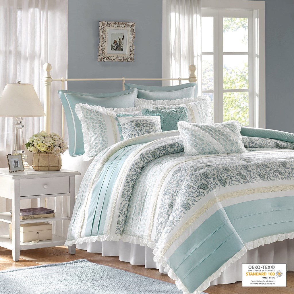9 Piece Cotton Percale Comforter Set Aqua King King Aqua Polyester