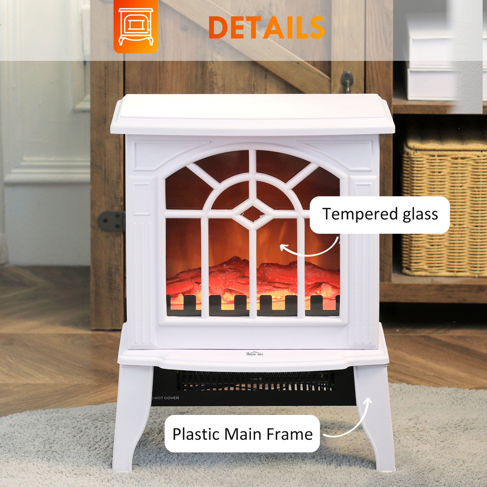 Homcom Electric Fireplace Stove, 18" Freestanding Fireplace Heater With Realistic Flame, Overheating Protection, Portable, 750W 1500W, White White Plastic