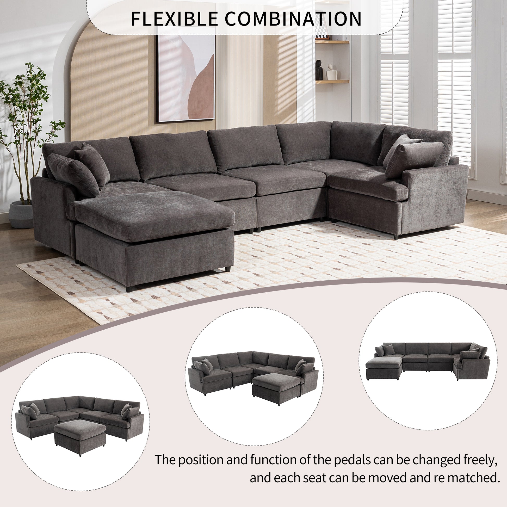 Modern Large U Shape Sectional Sofa, With Removable Ottomans For Living Room 6 Seater Gray Polyester 6 Seat