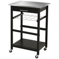 Homcom Kitchen Island Cart Rolling Trolley Utility Serving Cart With Stainless Steel Tabletop, Wine Rack & Drawer Black Pine