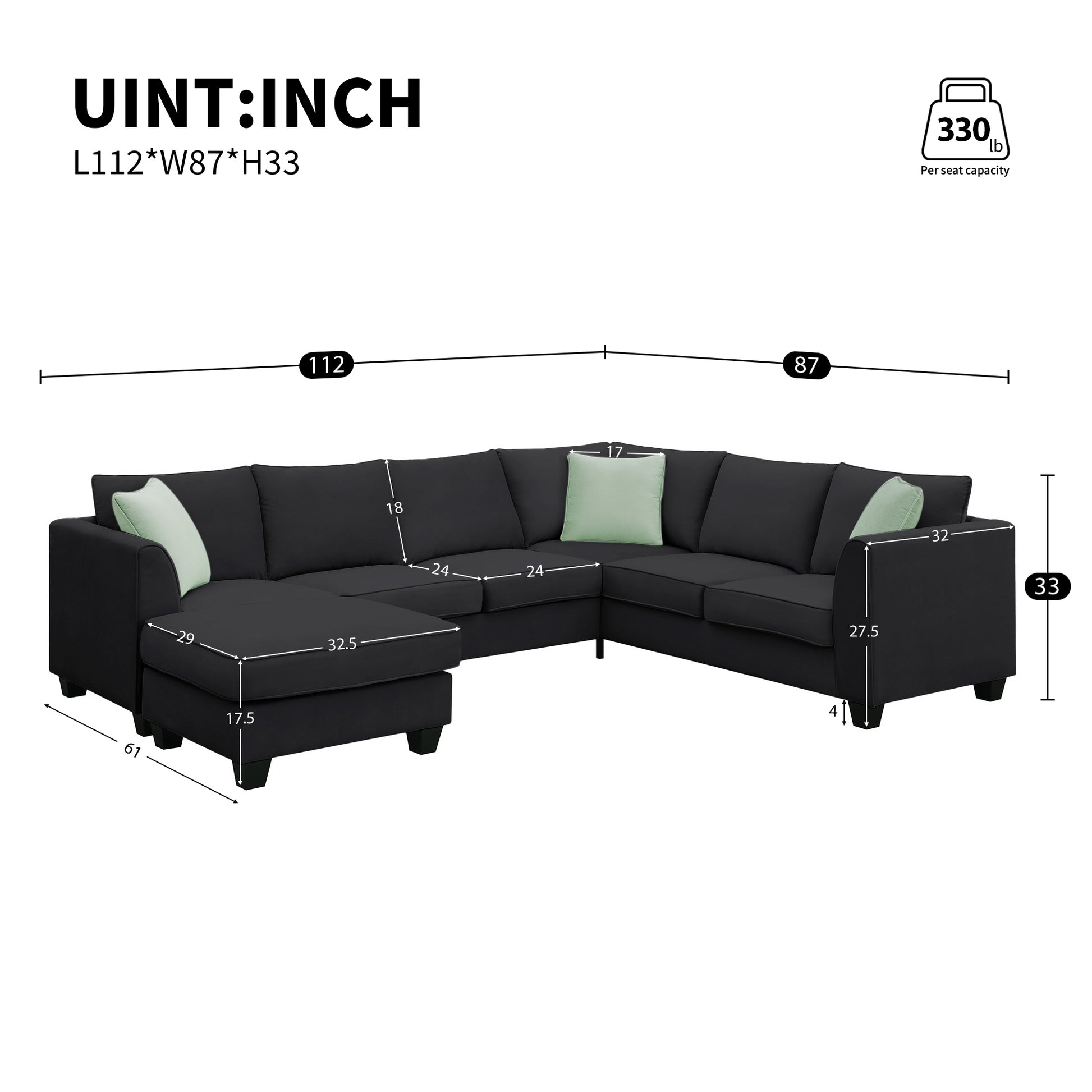 112*87" Sectional Sofa Couches Living Room Sets, 7 Seats Modular Sectional Sofa With Ottoman, L Shape Fabric Sofa Corner Couch Set With 3 Pillows, Black Of Gs008210Aab Black Fabric 7 Seat