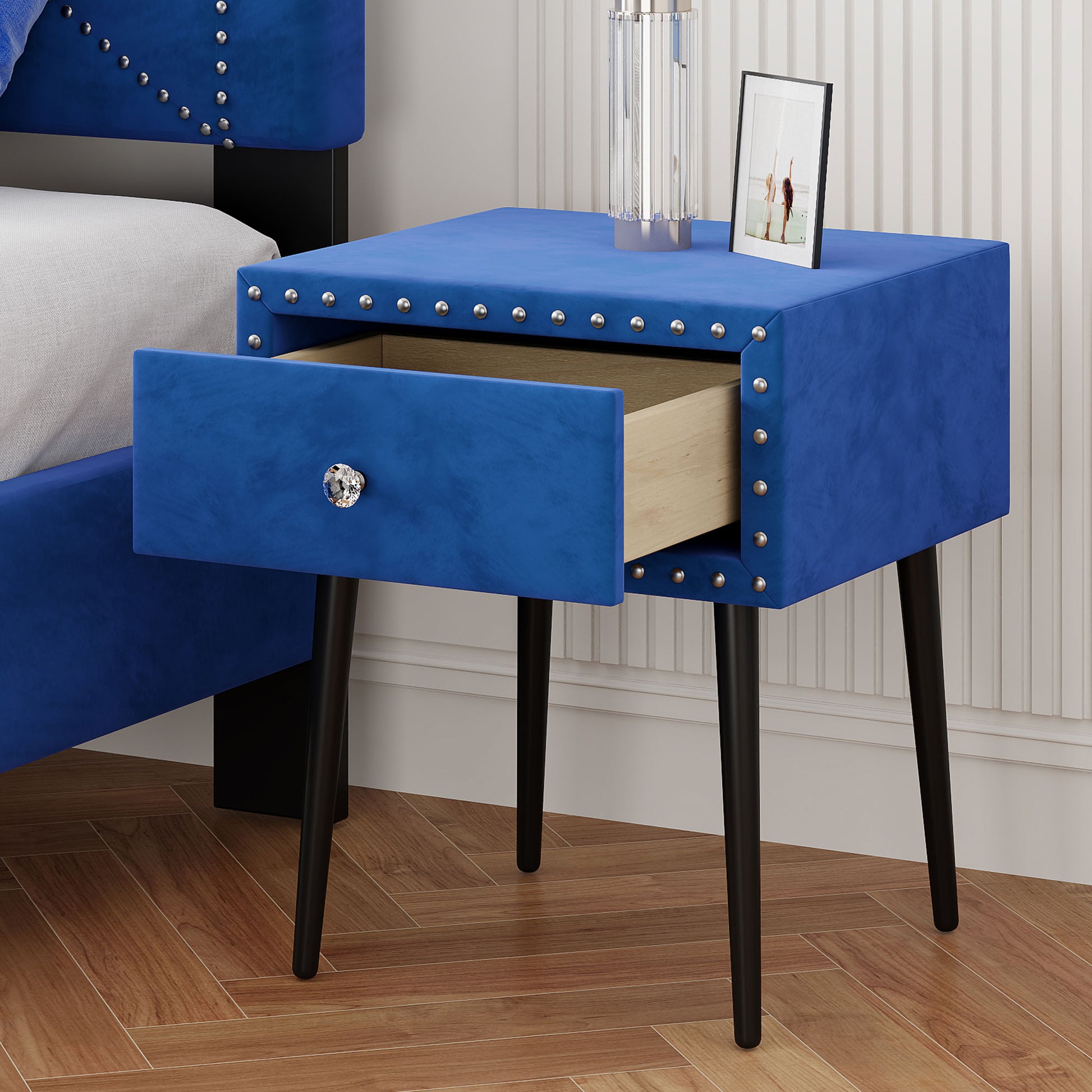 Modern Nightstands Set Of 2 With Drawer And Crystal Handle, Elegant Rivet Velvet Design Bedside Table For Bedroom, Blue Blue 1 Drawer Bedside Cabinet Mdf