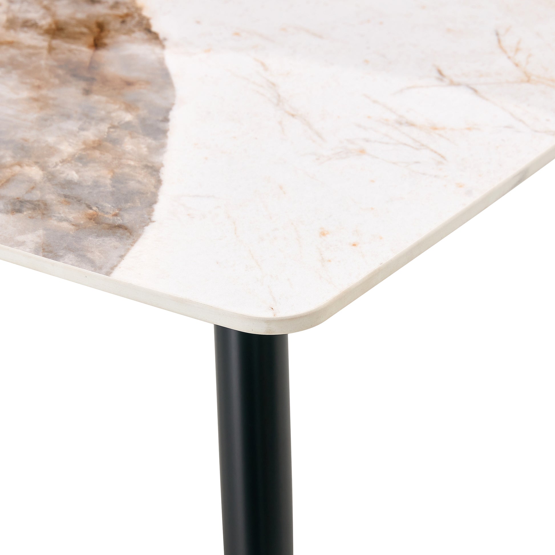 Modern Minimalist Dining Table. Imitation Marble Patterned Stone Burning Tabletop With Black Metal Legs.Modern Dining Chair With Pu Artificial Leather Backrest Cushion And Black Metal Legs.F 001 C 007 Black Gold Sintered Stone