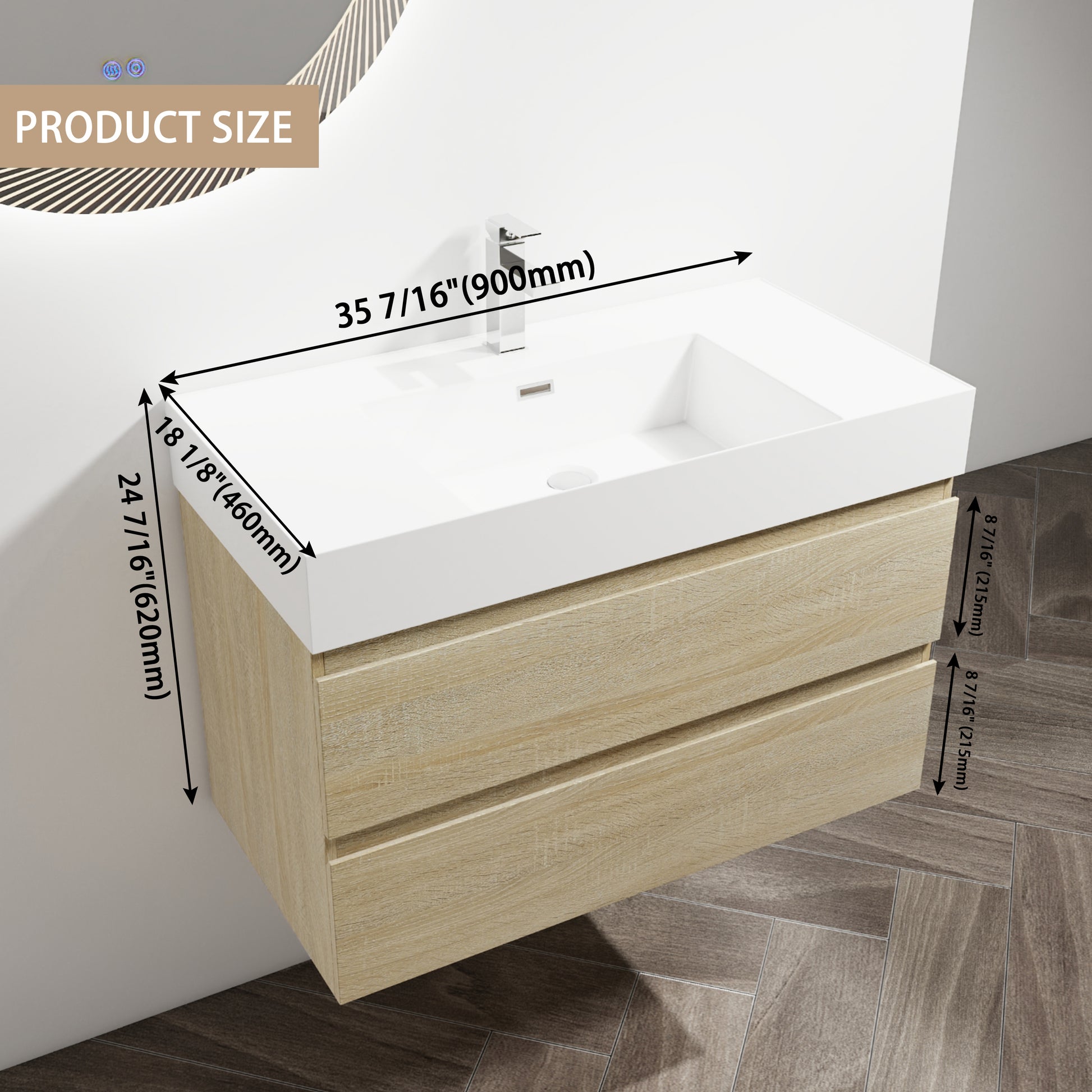 36" Wall Mounted Bathroom Vanity With Resin Sink, 2 Soft Close Drawers, Kd Package 2 Light Oak Bathroom Wall Mounted Modern Plywood