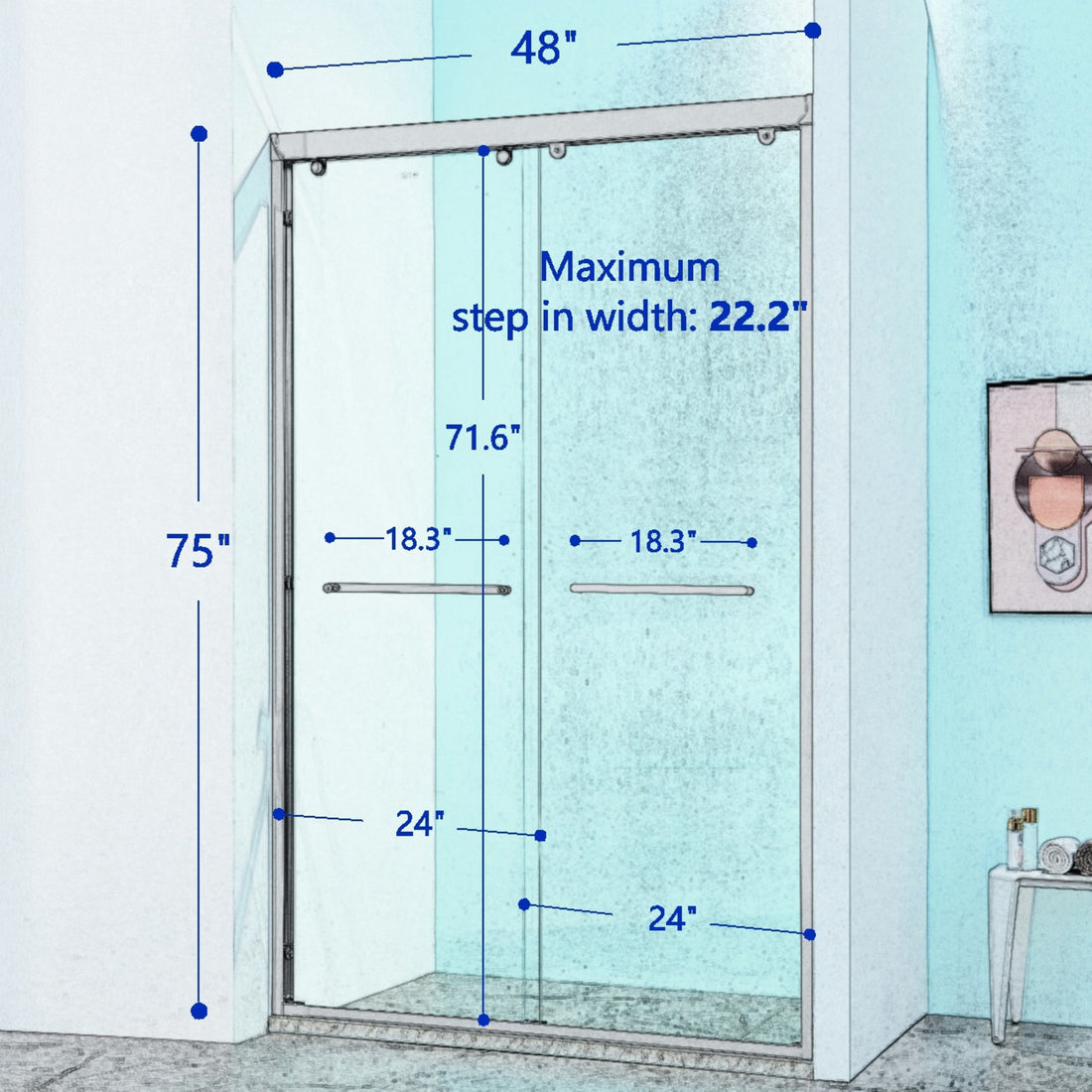 44 48"W X 75"H Double Sliding Shower Door, Aluminium Alloy Frame In Chrome, 5 16" 8Mm Thick Sgcc Tempered Clear Glass. Chrome Bathroom Classic,Luxury,Modern Glass Aluminium Alloy