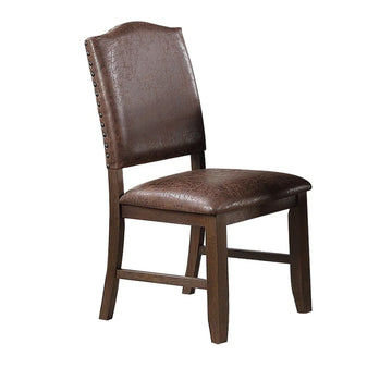 Maci 25 Inch Dining Chair, Set Of 2, Trim, Faux Leather, Brown Brown Solid Wood