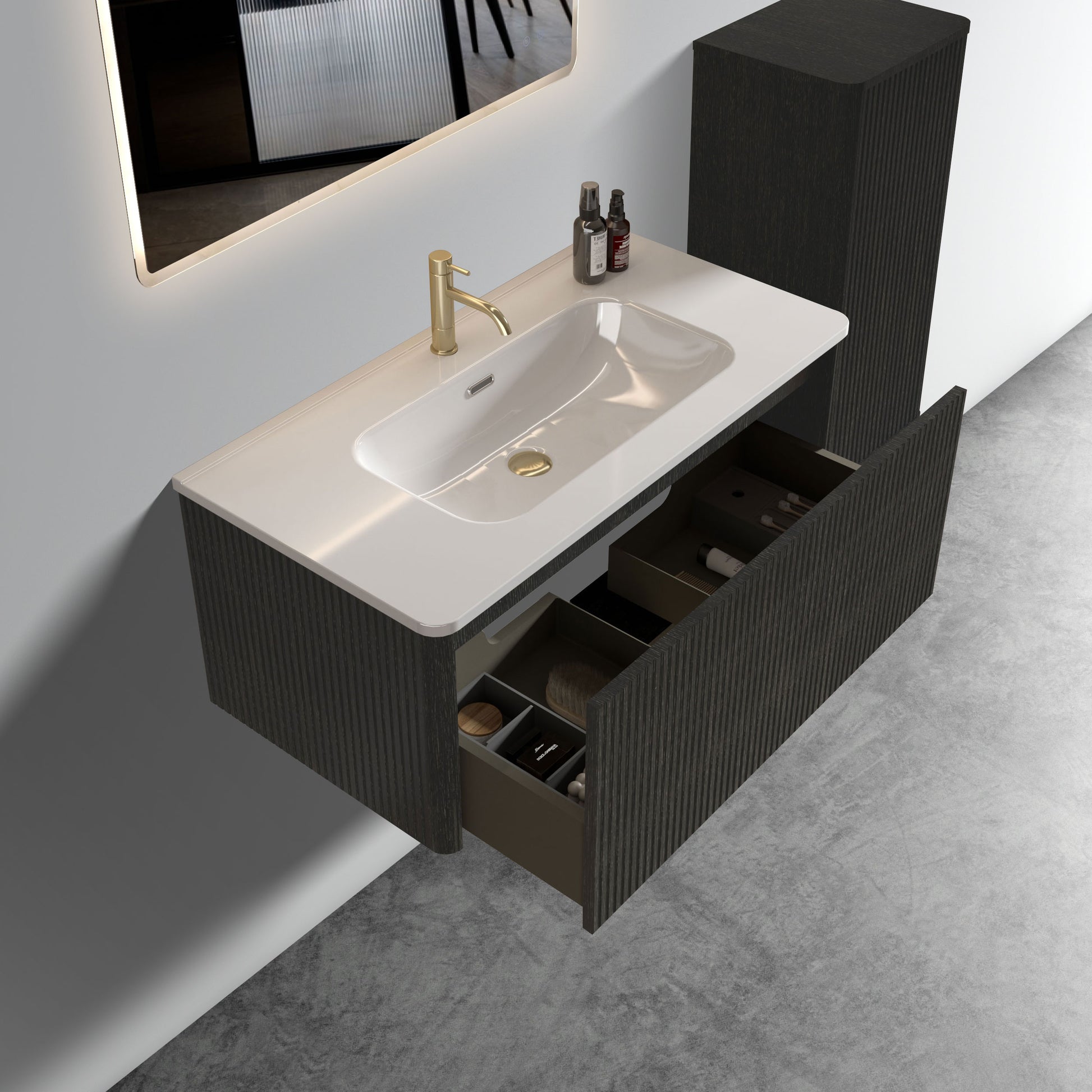 U058 Etna36W 308 Etna 36" Striped Brushed Black Oak Floating Bathroom Vanity With White Ceramic Sink, Bathroom Vanity For Modern Bathroom, Pre Assembled Black Melamine