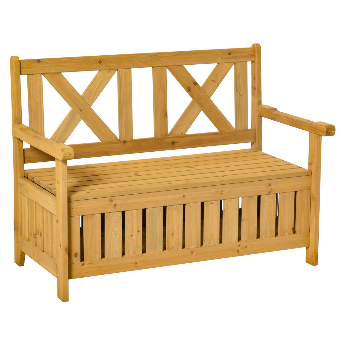 Outsunny Patio Wooden Bench With Storage Box, 29 Gallon Outdoor Storage Bench, Large Entryway Deck Box W Unique X Shape Back, For Deck, Porch & Balcony, Yellow Yellow Wood