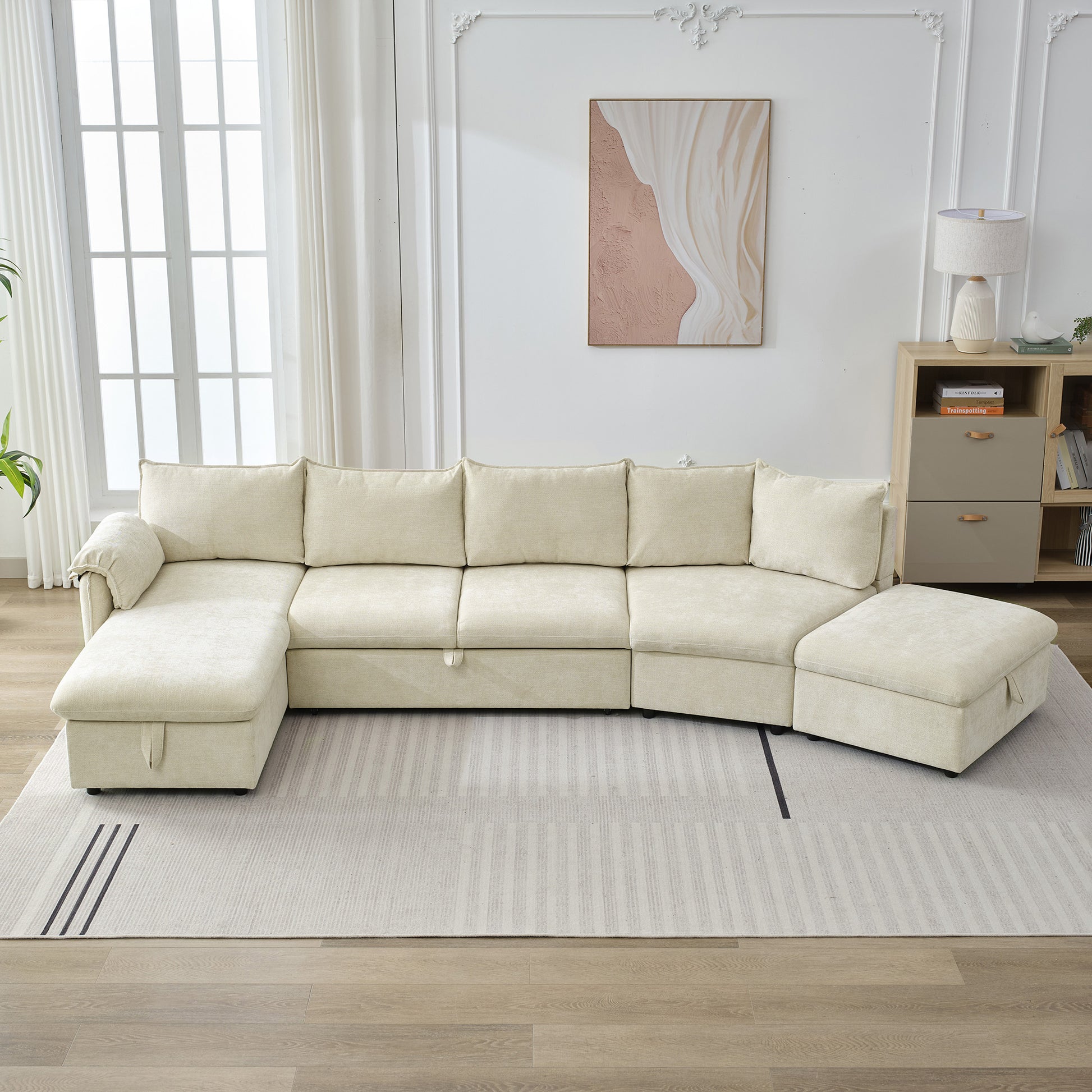 146.9" L Shaped Sofa Sectional Sofa Couch Pull Out Sofa Bed With A Movable Storage Ottoman, A Storage Chaise Lounge And Two Usb Ports For Living Room, Beige Beige Foam Linen 5 Seat