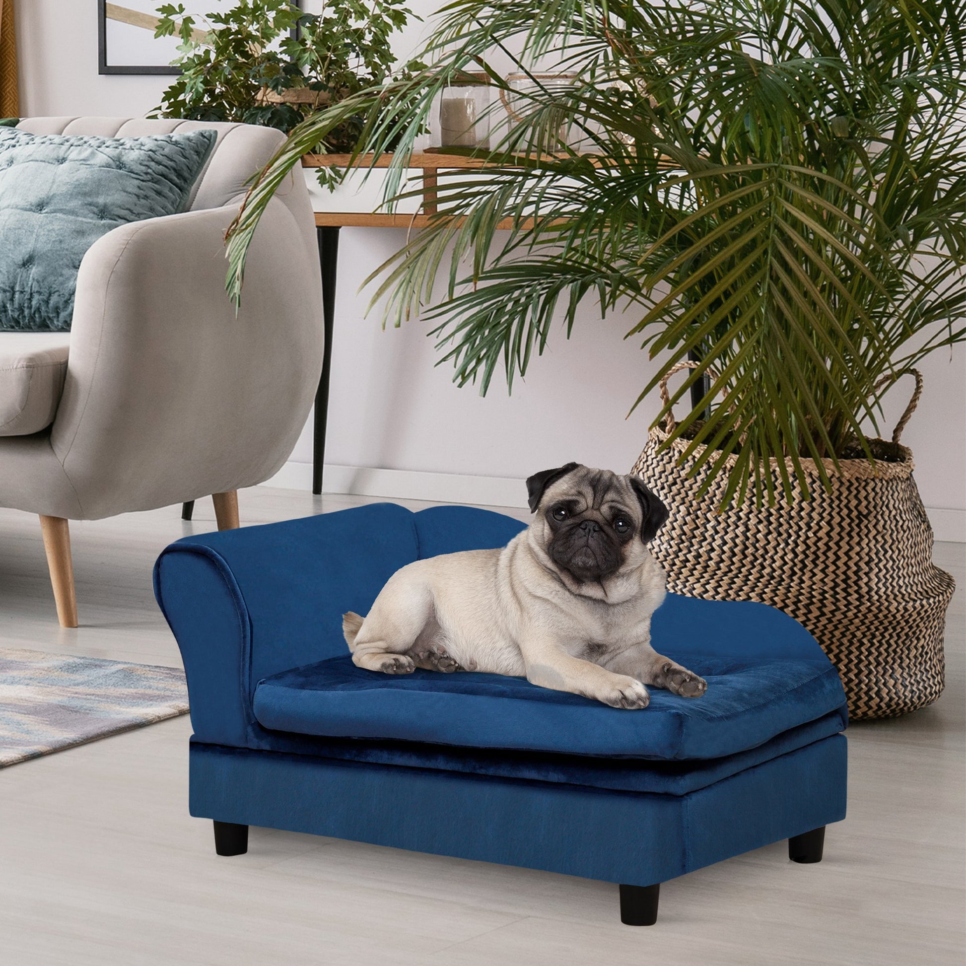 Pawhut Luxury Fancy Dog Bed For Small Dogs With Hidden Storage, Small Dog Couch With Soft 3" Foam, Dog Sofa Bed, Cushy Dog Bed, Modern Pet Furniture For Puppies And Little Breeds, Blue Blue Wood