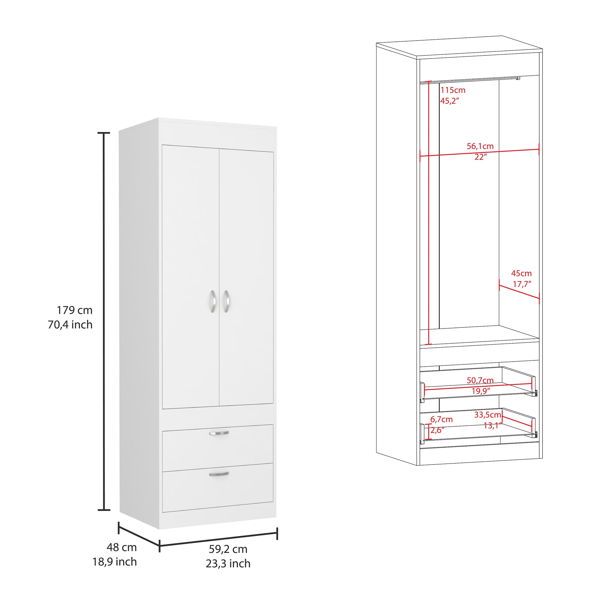 Lisboa Armoire, Rod, Double Door, Two Drawers, Metal Handles White White Bedroom Modern Particle Board Particle Board