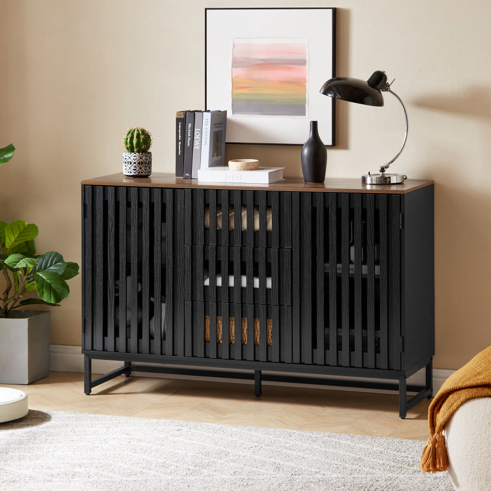 3 Drawer And 4 Shelves Dresser With Slatted Grille Striped Drawer And Doors, Modern Style Dresser, High Quality Mdf And Metal Leg Black Brown Mdf