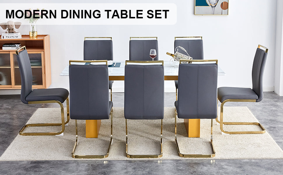 Table And Chair Set.Large Modern Rectangular Table With 0.4 Inch Patterned Glass Tabletop And Large Mdf Table Legs.Comes With 8 Chairs With Faux Leather Cushioned Seats And Golden Metal Legs. Gold White Seats 8 Mdf Glass