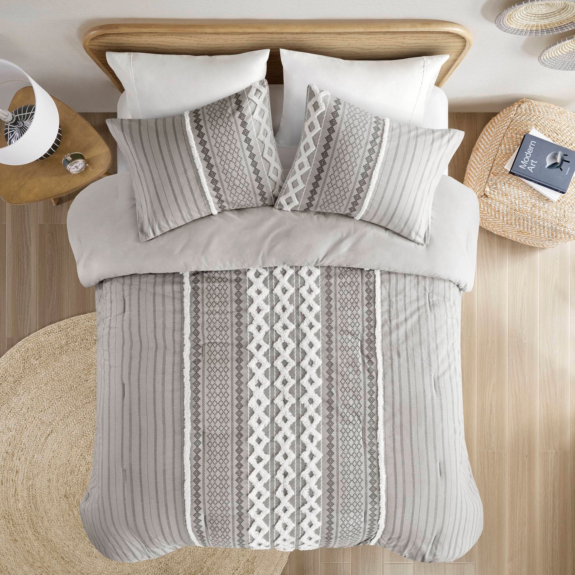 Cotton Printed Comforter Set With Chenille Gray Full Queen Queen Gray Cotton