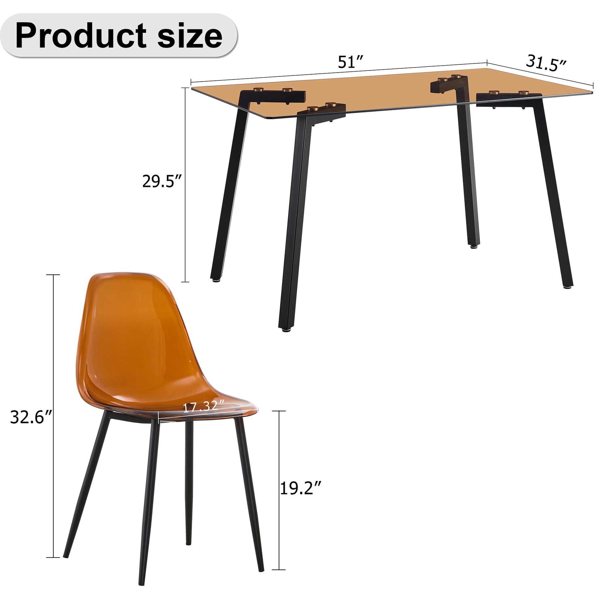 Table And Chair Set.Dark Brown Tempered Glass Tabletop, Black Metal Legs, Dining Table, Work Desk,Dark Brown Transparent Dining Chair. Suitable For Dining Room, Is A Good Choice For Families. Dark Brown Seats 6 Glass