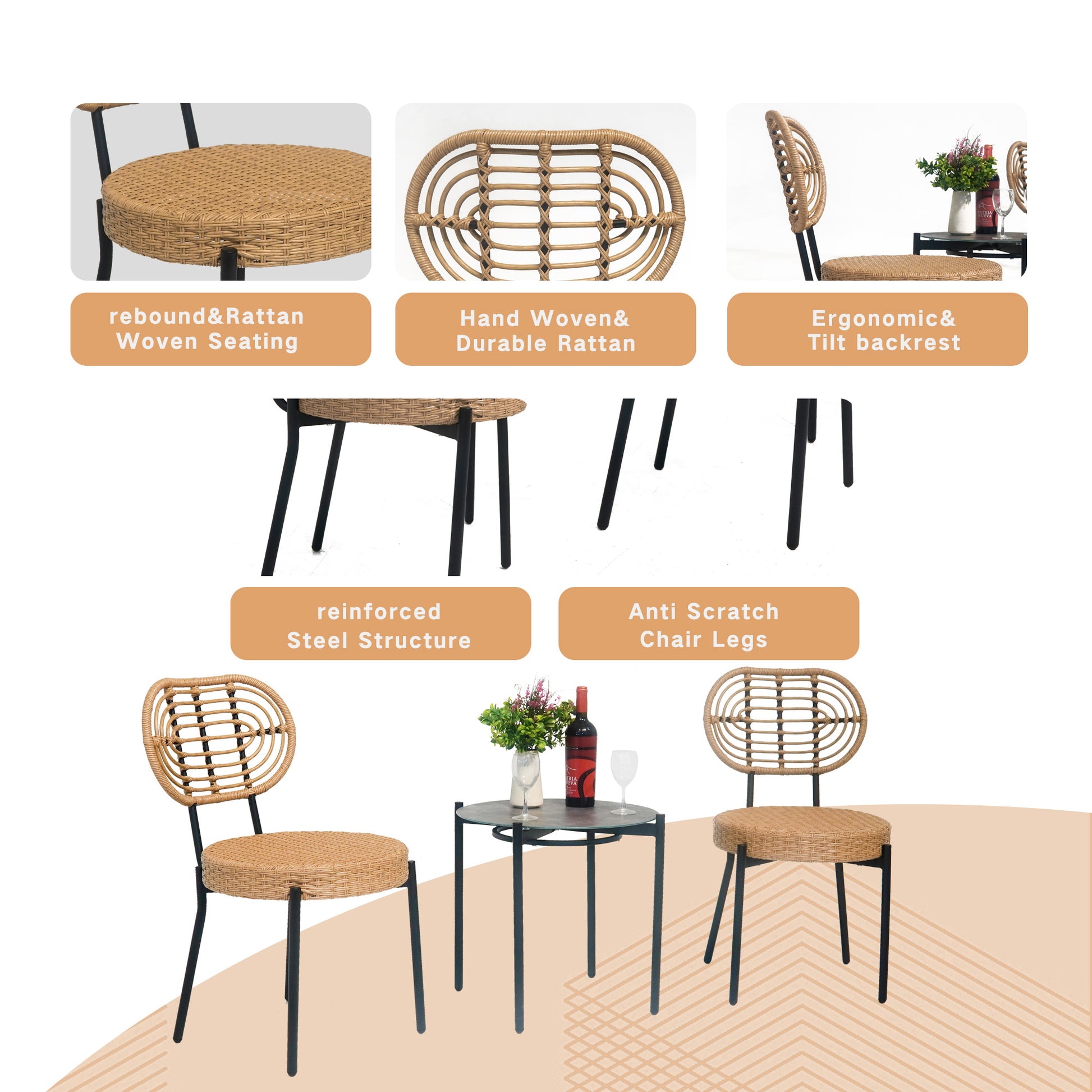 3 Pieces Of Luxury Outdoor Wicker Furniture Patio Bistro Style Table And Chair Combination,Weather Resistant Pe Wicker Weave, Stainless Steel Fame, Suitable For Garden, Terrace,Backyard Casua No Black Natural Seats 2 2 Person Seating Group Steel