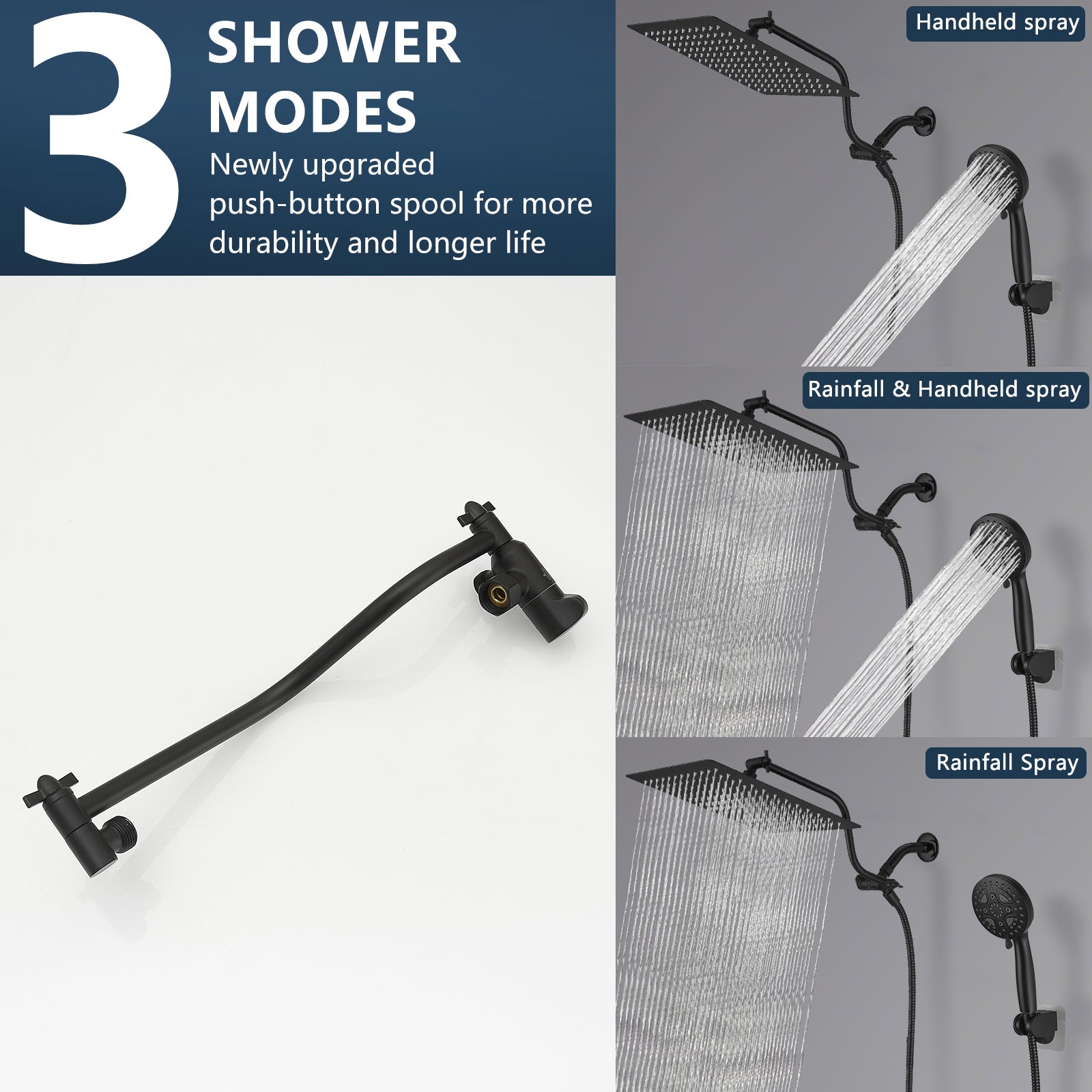 Black Shower System 12 Inch Bathroom Luxury Rain Mixer Shower Combo Set Wall Mounted Rainfall Shower Head And Handheld System Shower Faucet Set Black Bathroom Classic,Contemporary,Luxury,Modern Ceramic Stainless Steel