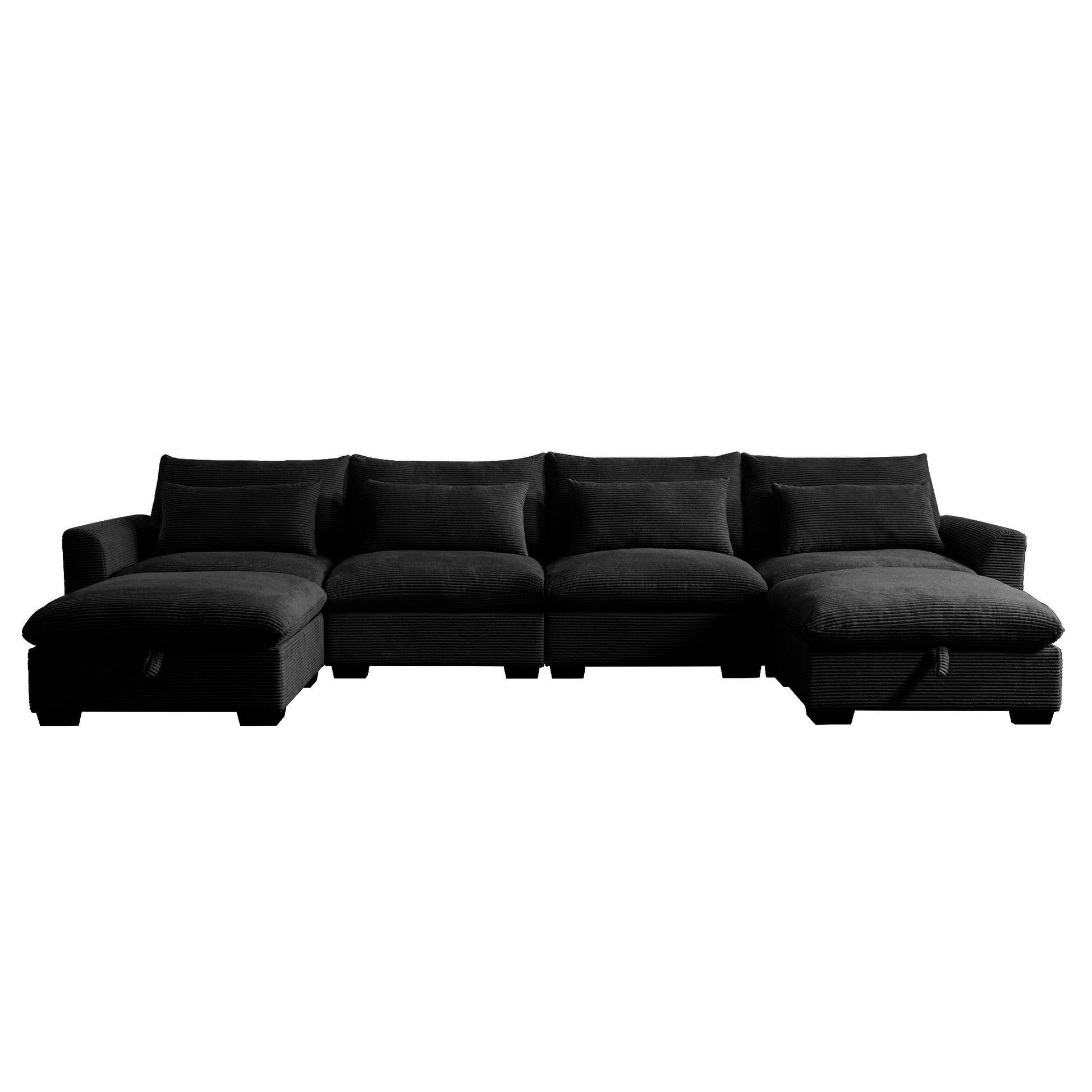 Big Deep Seat U Shaped Corduroy Sectional Couches For Living Room, 4 Seater Sofa Couch With 2 Storage Footstool And 4 Waist Pillows Corduroy, Black Black Corduroy 4 Seat