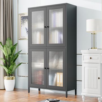 Classic Metal Storage Cabinet Display Cabinet With 4 Glass Doors 4 Shelves Cabinet Bookcase Side Cabinet For Home Office Living Room Kitchen Hallway Black, Waffle Grids Tempered Glass Freestanding 3 4 Shelves Black Office Glass Doors Classic Steel