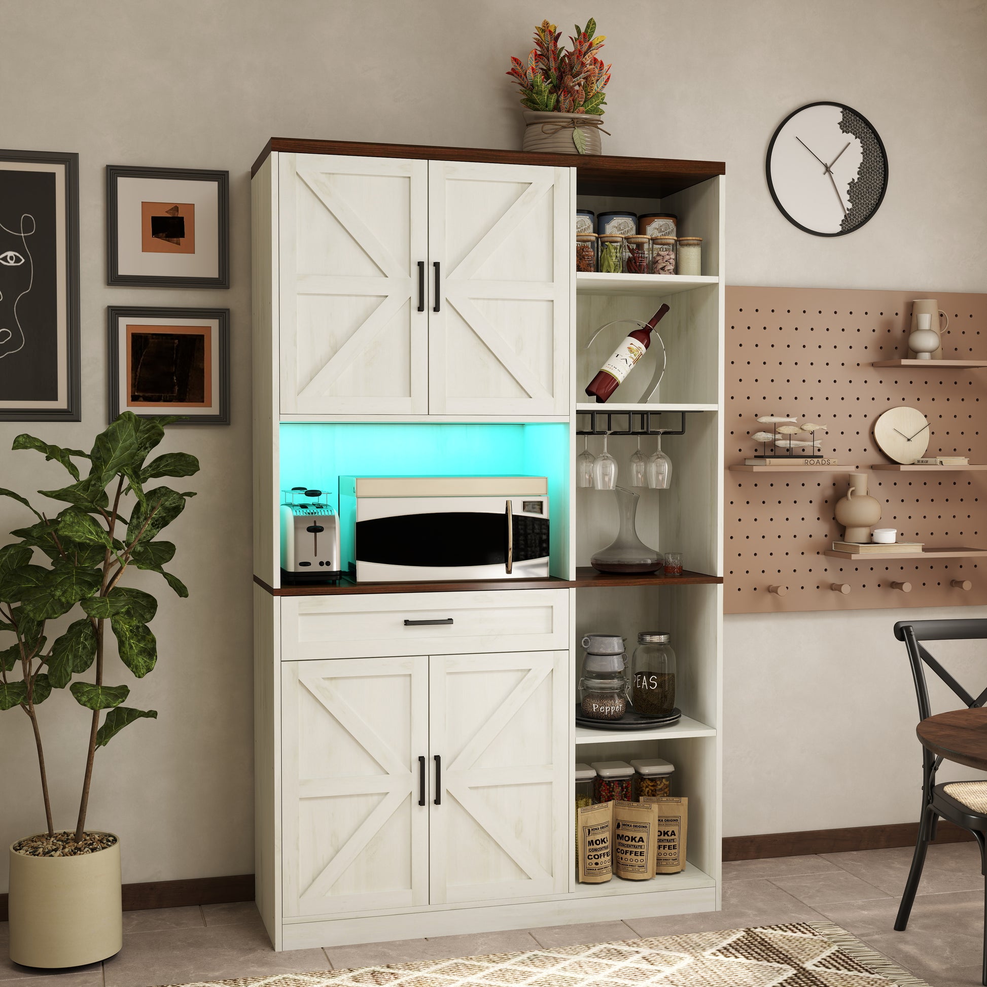 70.87'' Multifunctional Farmhouse Kitchen Pantry Sideboard With Cabinet And Drawer, Kitchen Buffet With Hutch And Glass Holder, Microwave Stand With Charging Station For Kitchen And Dining Room