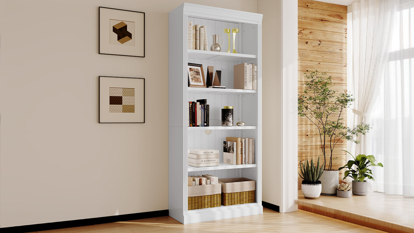 83" Tall Wood Bookcase Suite ,5 Tier Home Decor Bookshelves Suite With Adjustable Shelves,Storage Organizer For Cds Books Movies,Free Standing Storage Shelves Suite For Living Room,Office,White White Solid Wood Mdf