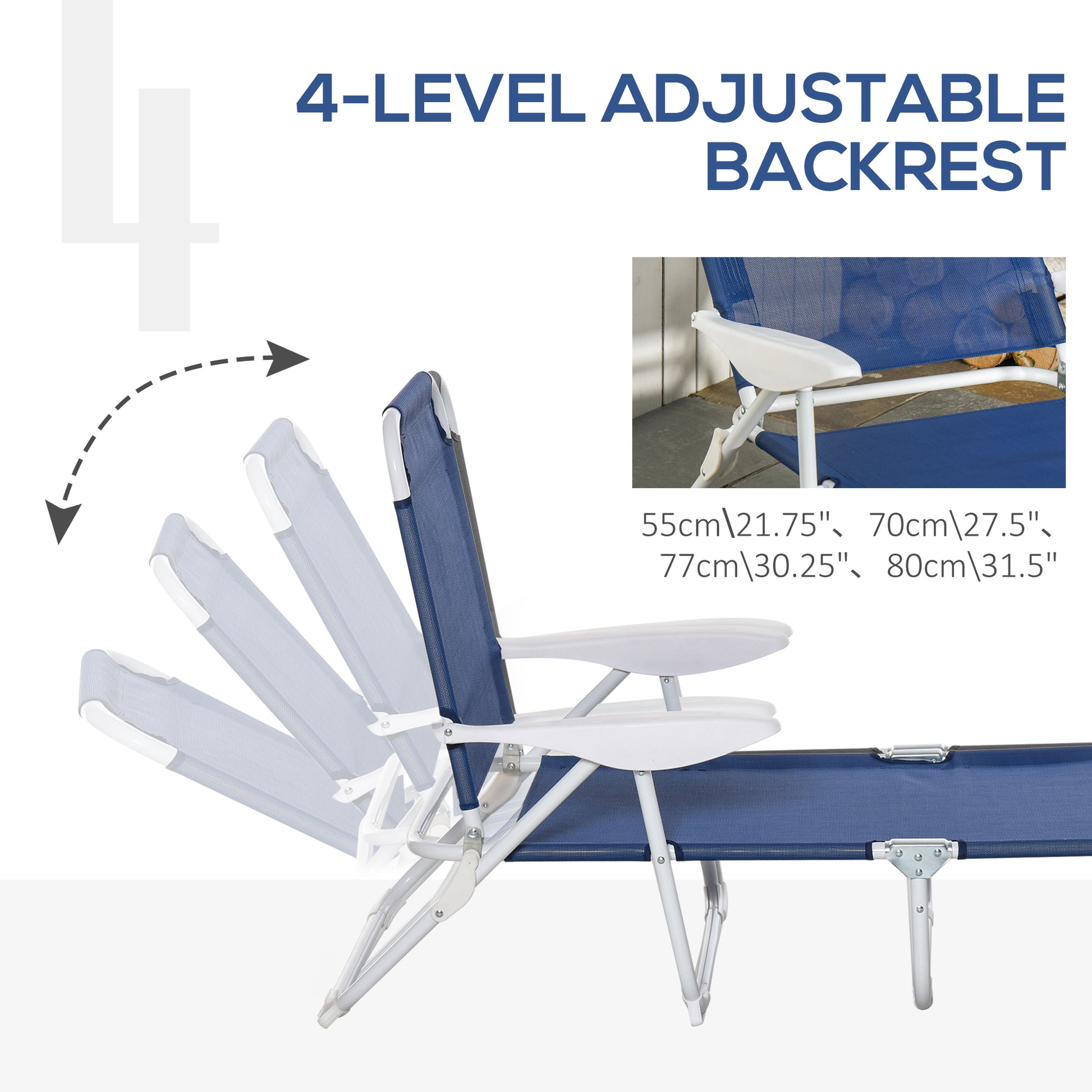 Outsunny Folding Chaise Lounge, Outdoor Sun Tanning Chair, 4 Position Reclining Back, Armrests, Metal Frame And Mesh Fabric For Beach, Yard, Patio, Blue Blue Metal