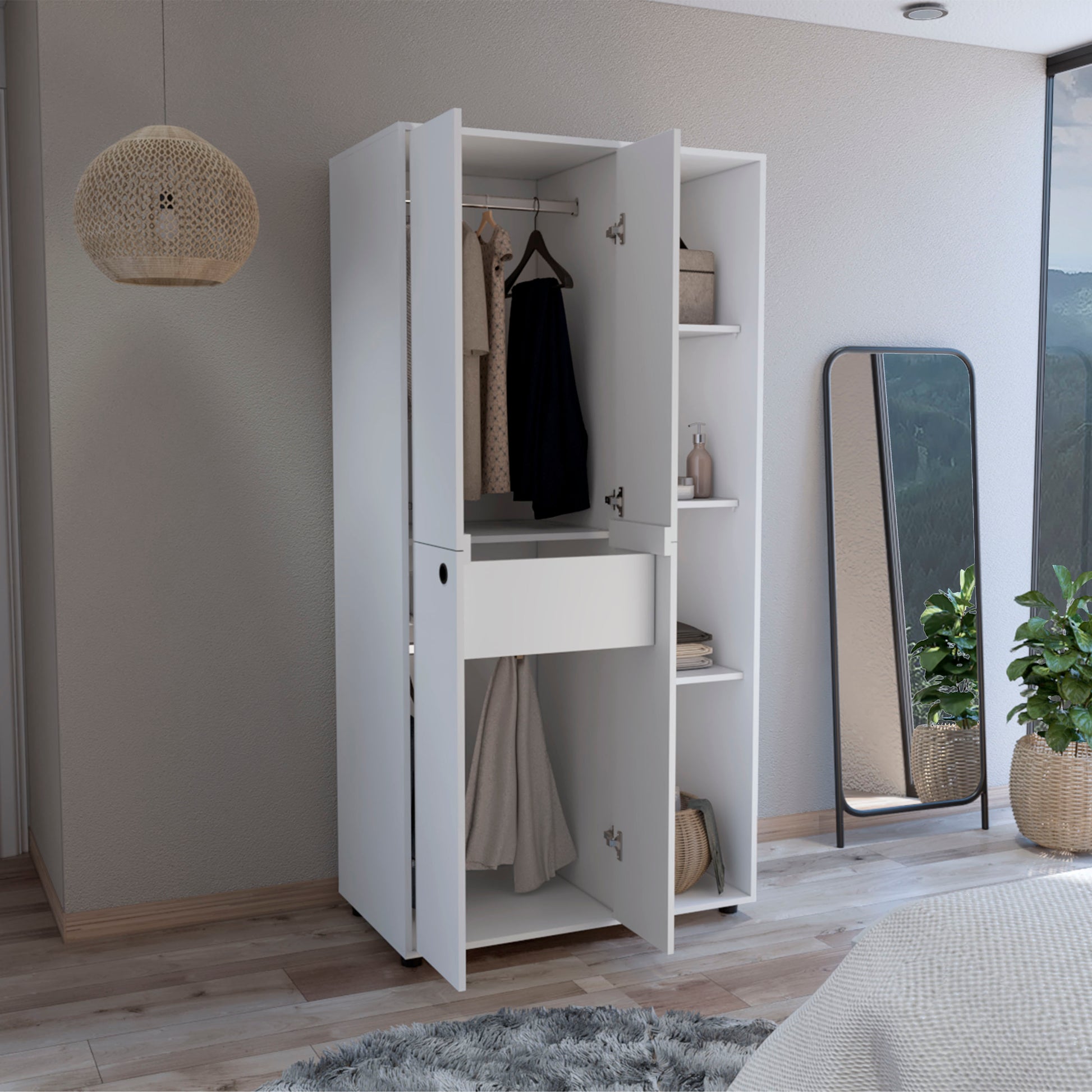 Misuri Wardrobe Armoire With Double Door, Drawer, Hanging Rod, And Open Shelves White White Particle Board