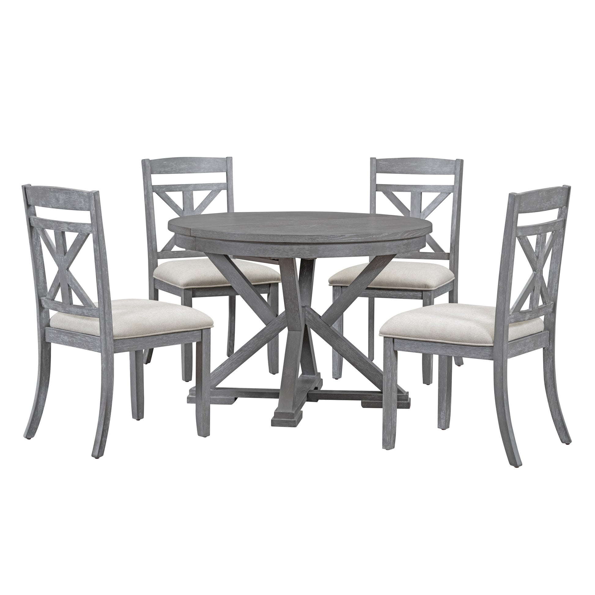 5 Piece Retro Functional Dining Table Set Extendable Round Table And 4 Upholstered Chairs For Dining Room And Living Room Grey Grey Solid Wood