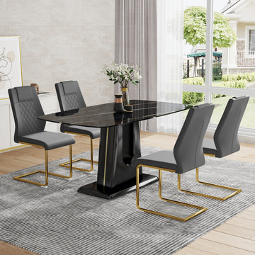 Table And Chair Set, Minimalist Dining Table, Imitation Marble Patterned Glass Tabletop, Mdf Legs With U Shaped Brackets. Paired With Comfortable Chairs, Suitable For Dining And Living Rooms. Black Gold Mdf Glass