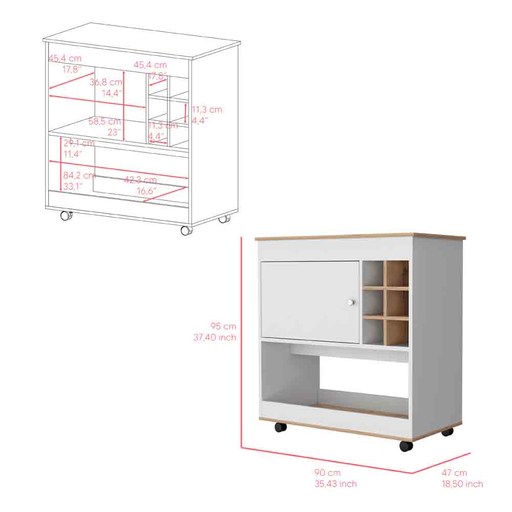 37" H Light Oak White Bar Coffee Cart, Kitchen Or Living Room Cabinet, With 4 Wheels, Central Storage With 2 Doors, Division For 6 Bottles And A Shelf With A Wooden Front On The Bottom. Multicolor