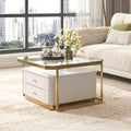 Modern 2 Pieces White Square Nesting Coffee Table With Drawers & Electroplated Gold Legs In 27.6'' Golden White Square Drawers Coffee & End Tables Glossy Square Mdf Glass Mdf Pedestal