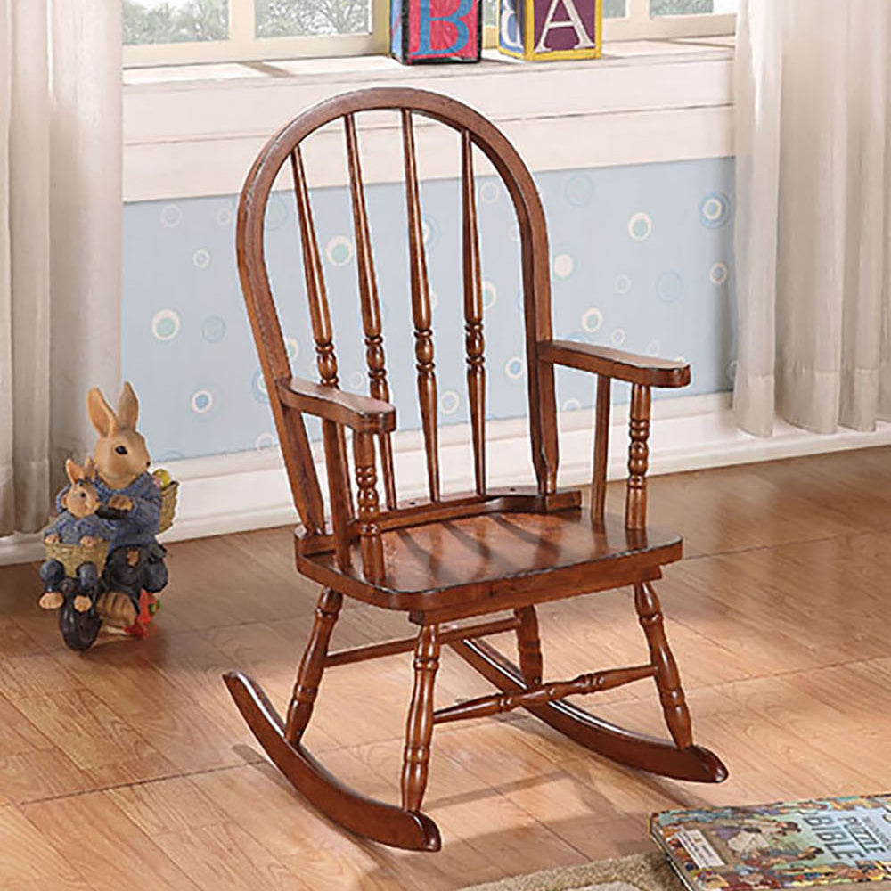 Tobacco Youth Rocking Chair With Turned Base Solid Brown Primary Living Space Rocking Chairs Rubberwood Slat Back Wood