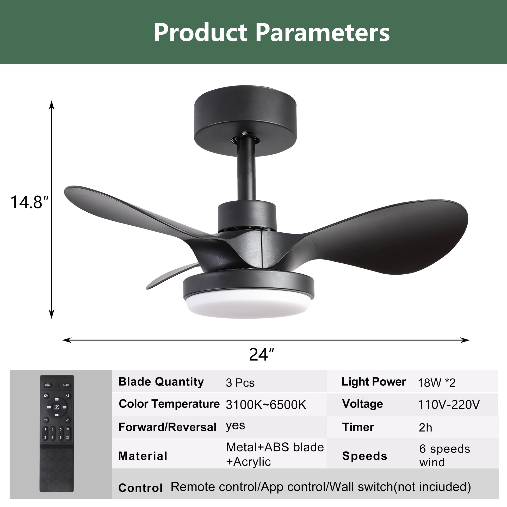 24" Small Ceiling Fan With Light Remote Control ,Modern Low Profile Black Ceiling Fan, 6 Speeds Quiet Reversible Dc Motor For Bedroom,Kitchen Black,Brown Black Classic Abs Steel Q235