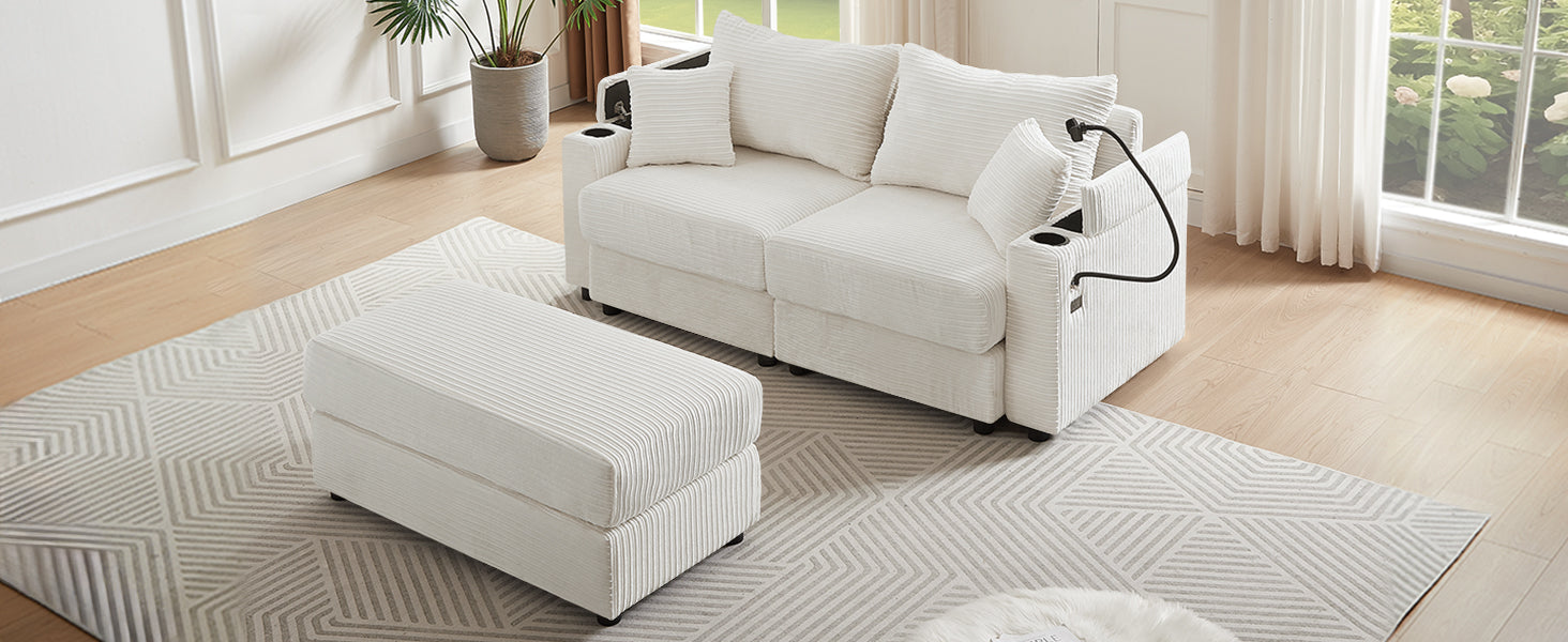 72.8" Modern Style Loveseat Sofa Sectional Sofa Couch With Storage Space, A Movable Ottoman, Two Usb Ports, Two Cup Holders, A Phone Holder For Living Room, Beige Beige Foam Corduroy 3 Seat