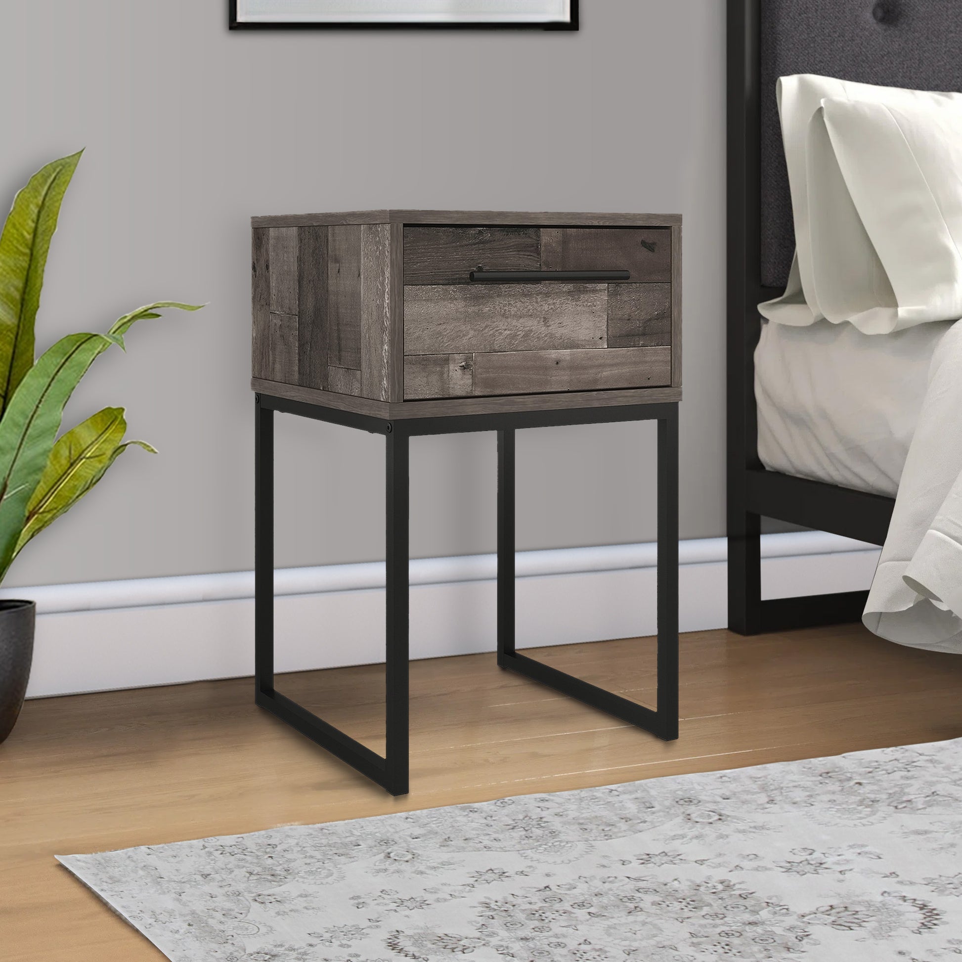 Grace 20 Inch Modern Nightstand, Metal Base And Handle, Open Shelf, Gray Black Gray Wood