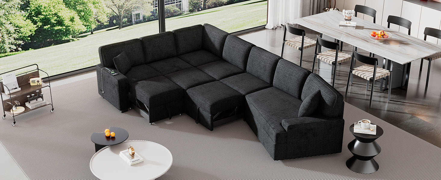 126" L Shaped Sofa Sectional Sofa Couch Pull Out Sofa Bed With Charging Devices And Cup Holders For Living Room, Blue Black Black Blue Foam Chenille 6 Seat