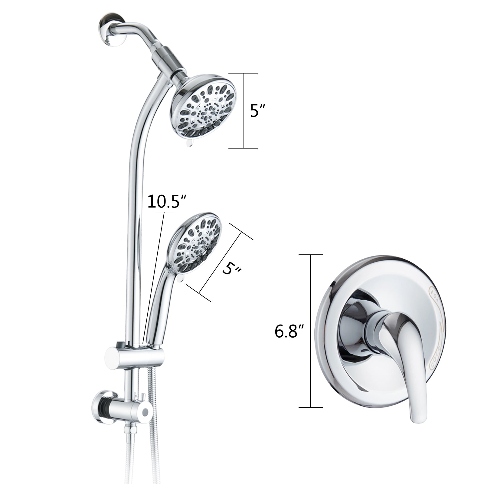 5" Chrome Rain Showerhead With Handheld Shower, 7 Spray Modes, Stainless Steel Slide Bar Chrome Stainless Steel