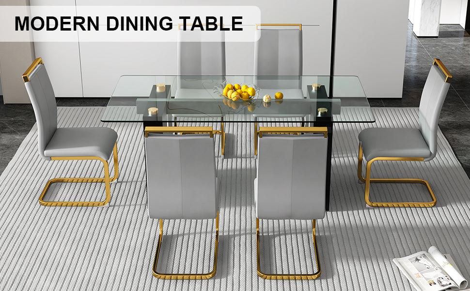 Table And Chair Set, Large Modern Minimalist Rectangular Glass Table, Can Accommodate 6 8 People, Equipped With Tempered Glass Tabletop And Large Mdf Table Legs, Comfortable And Minimalist Chairs. Transparent Glass