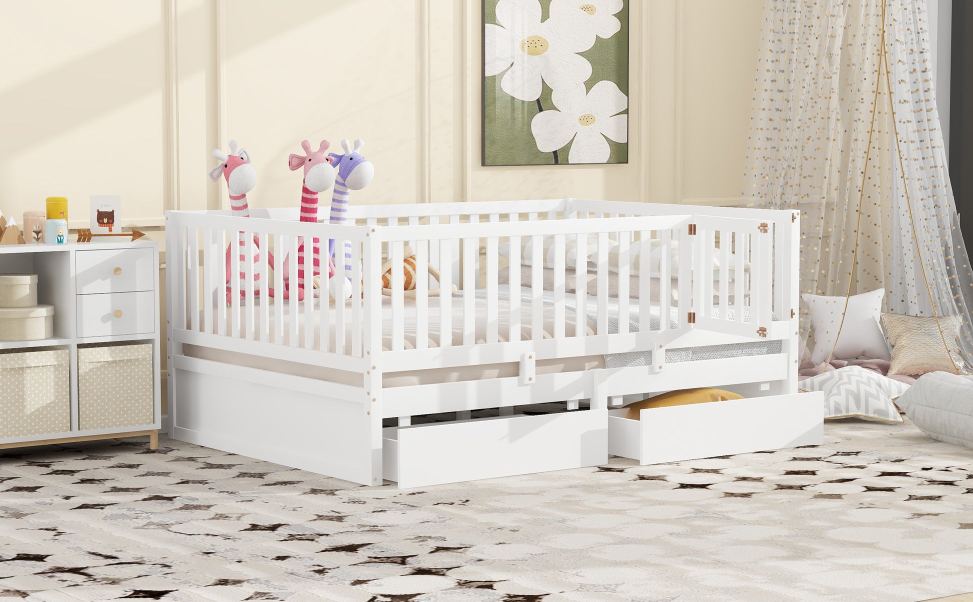 Full Size Wood Daybed With Fence Guardrails And 2 Drawers, Split Into Independent Floor Bed & Daybed, White Old Sku :Lp000882Aak Full White Solid Wood Mdf