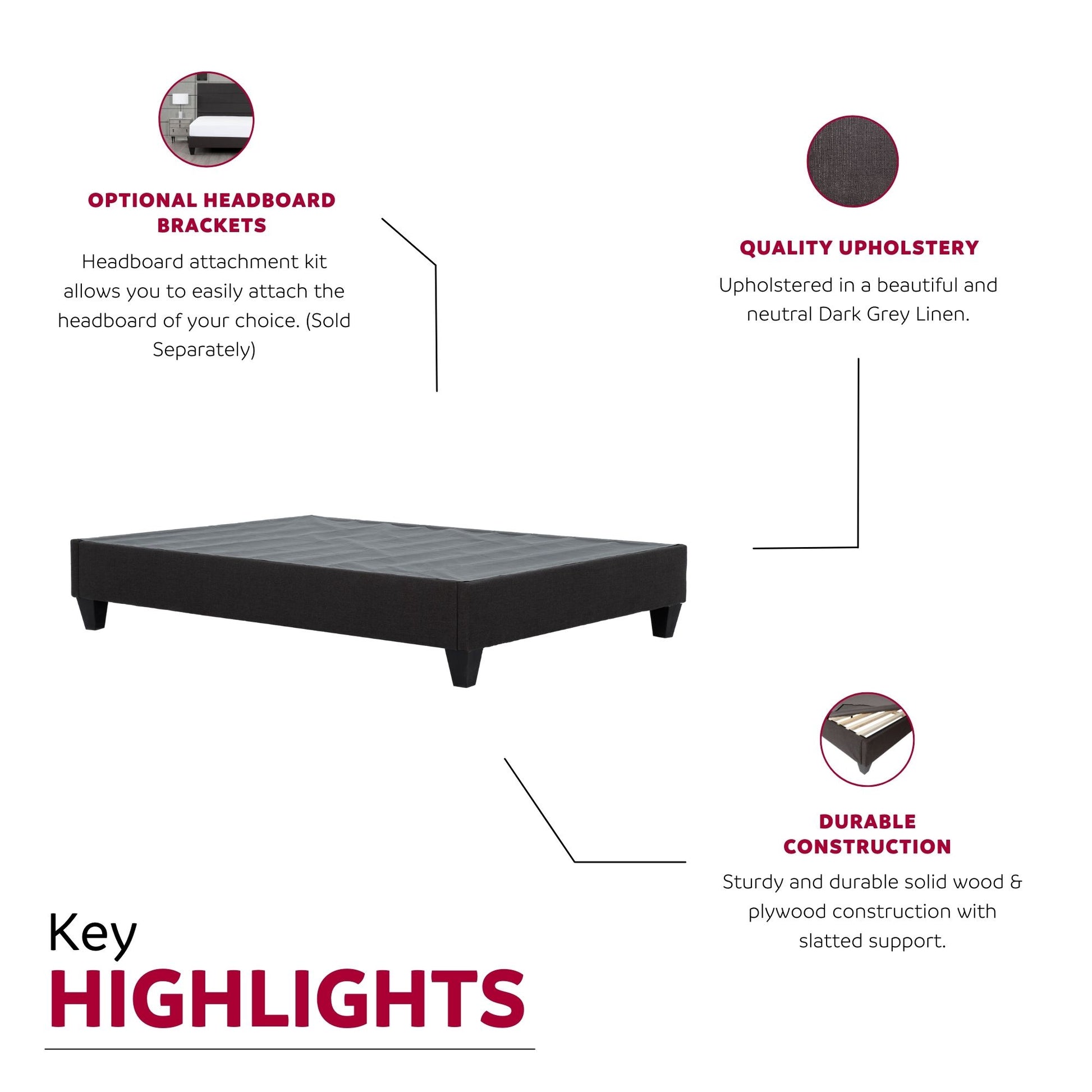 Modern Bedroom Furniture Twin Xl Size Platform Bed Frame, Upholstered Mattress Foundation Bed Base, Dark Grey Box Spring Not Required Twin Xl Dark Grey Wood Bedroom Contemporary,Modern Bed Frame Fabric Plywood