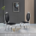 Dining Chair Set Of 2, Oval Back Carving Design With Stainless Steel Legs Black Pu