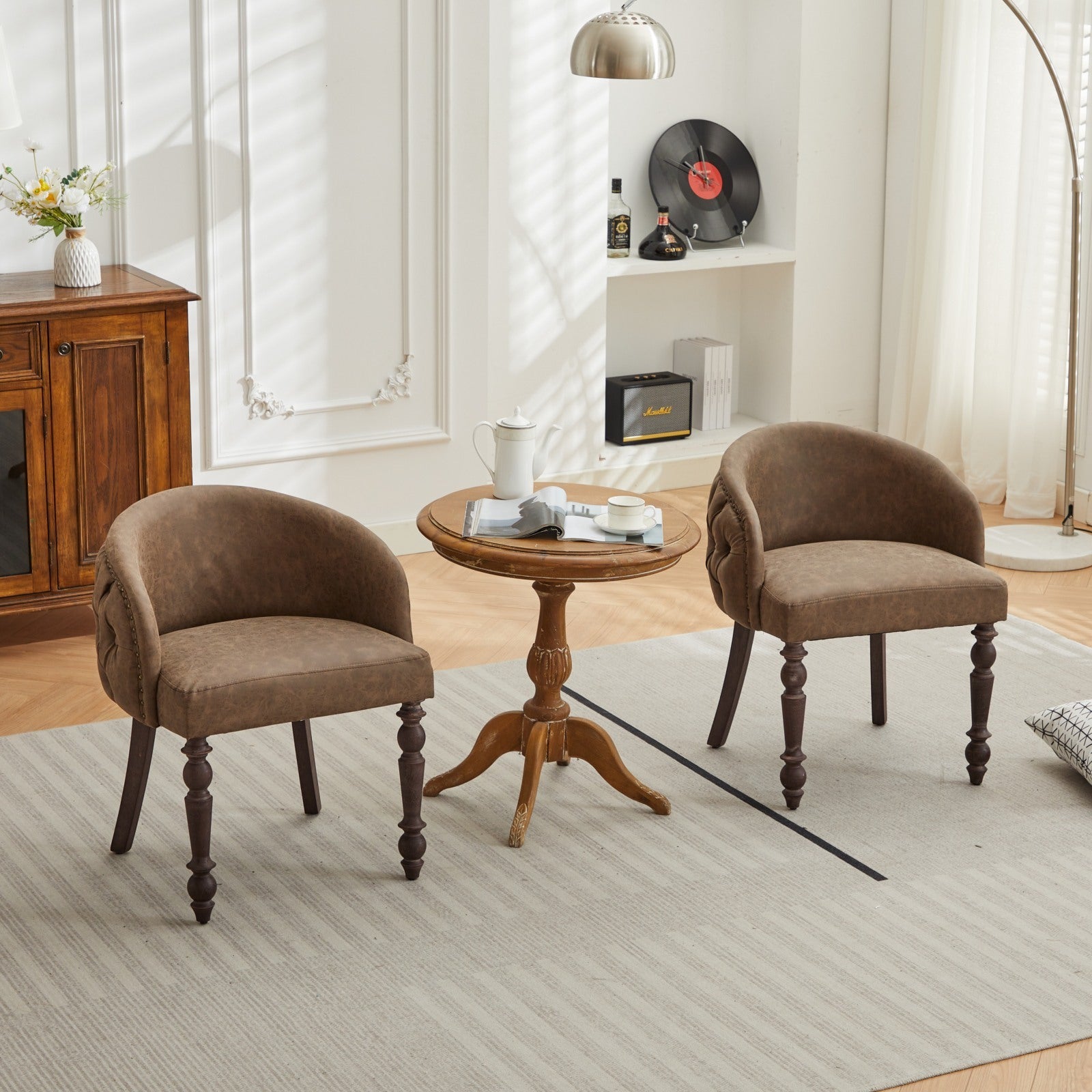 Hand Pulled Buckle Decoration Pu Dining Chair,Accent Leisure Chair, Mid Century Modern Arm Chair With Solid Wood Armrests And Legs, 1 Seat Cushioned Sofa For Living Room Bedroom,Brown Color,Sw1865Br Brown American Design Rubberwood Foam Pu