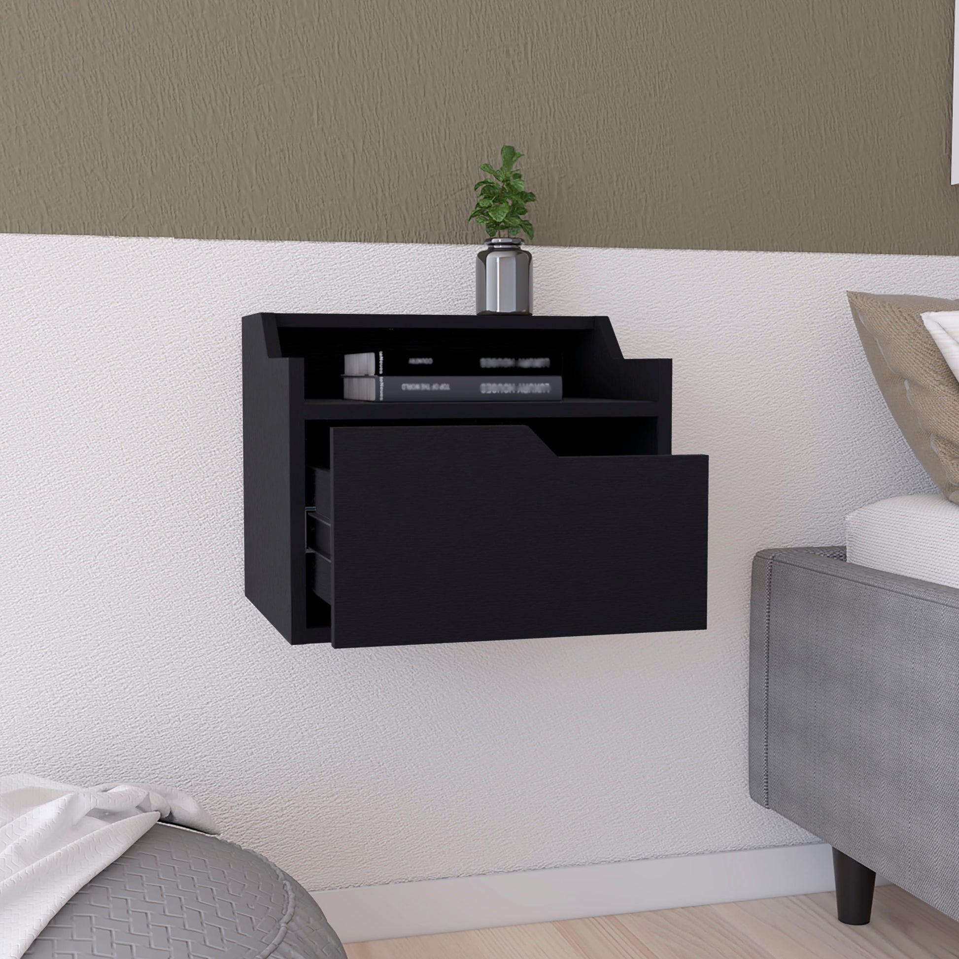 Winchester Floating Nightstand, Modern Dual Tier Design With Spacious Single Drawer Storage, Black Black Solid Wood Mdf Engineered Wood