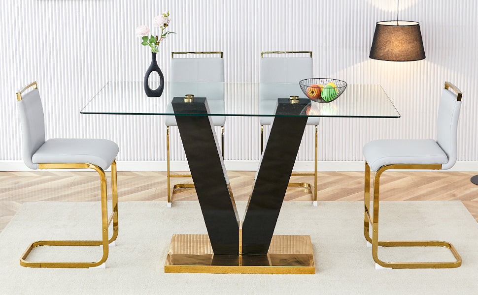 Table And Chair Set,Clear Tempered Glass And Black Legs Of The Table, Pu And Gold Legs Of The Chair Black Grey Seats 4 Tempered Glass