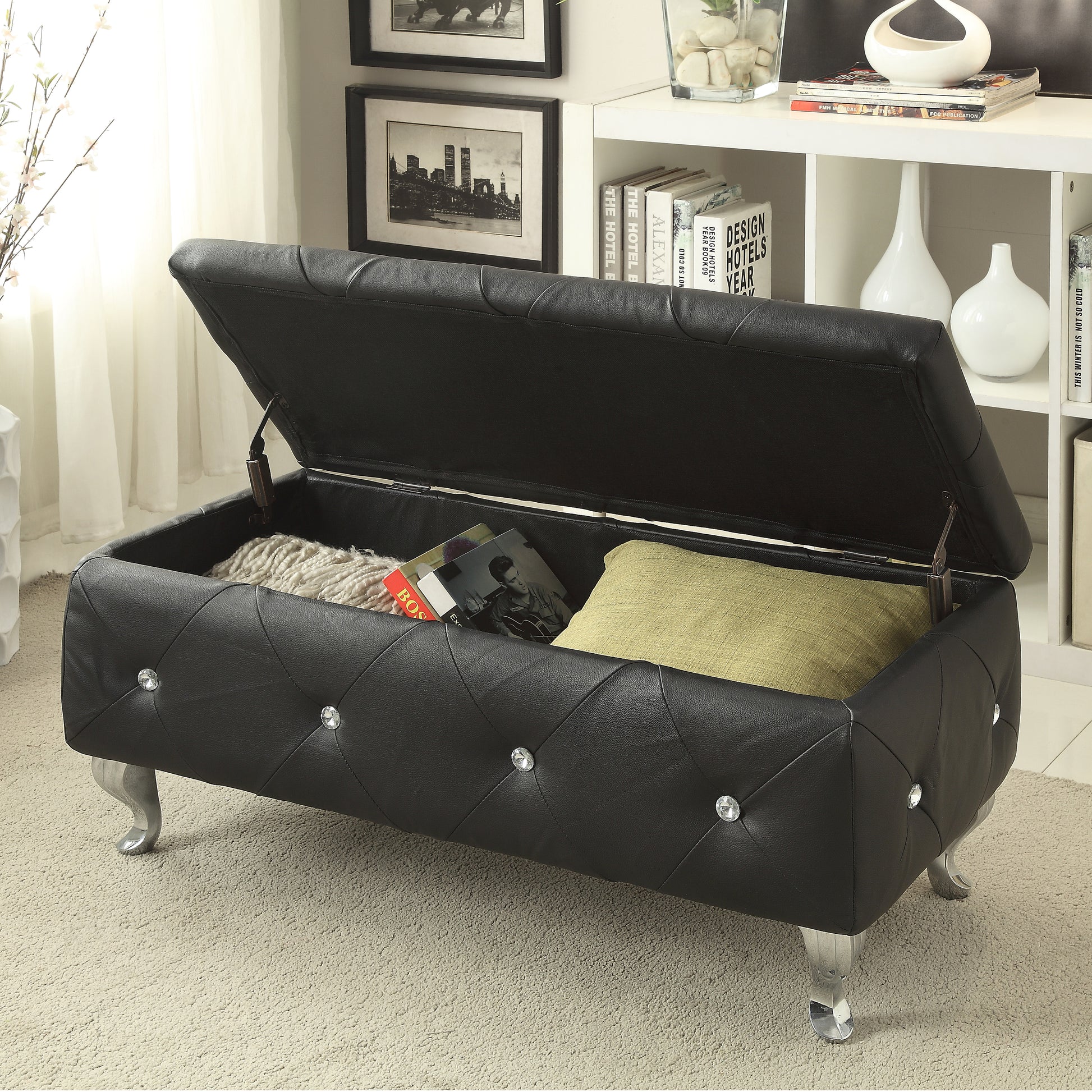 1Pc Glam 38 Inches Storage Ottoman Bench For Upholstered Tufted Black Faux Leather Organizer Bedroom Living Room Entryway Hallway Tufted Black Faux Leather Primary Living Space Solid Black Glam,Modern Foam Faux Leather