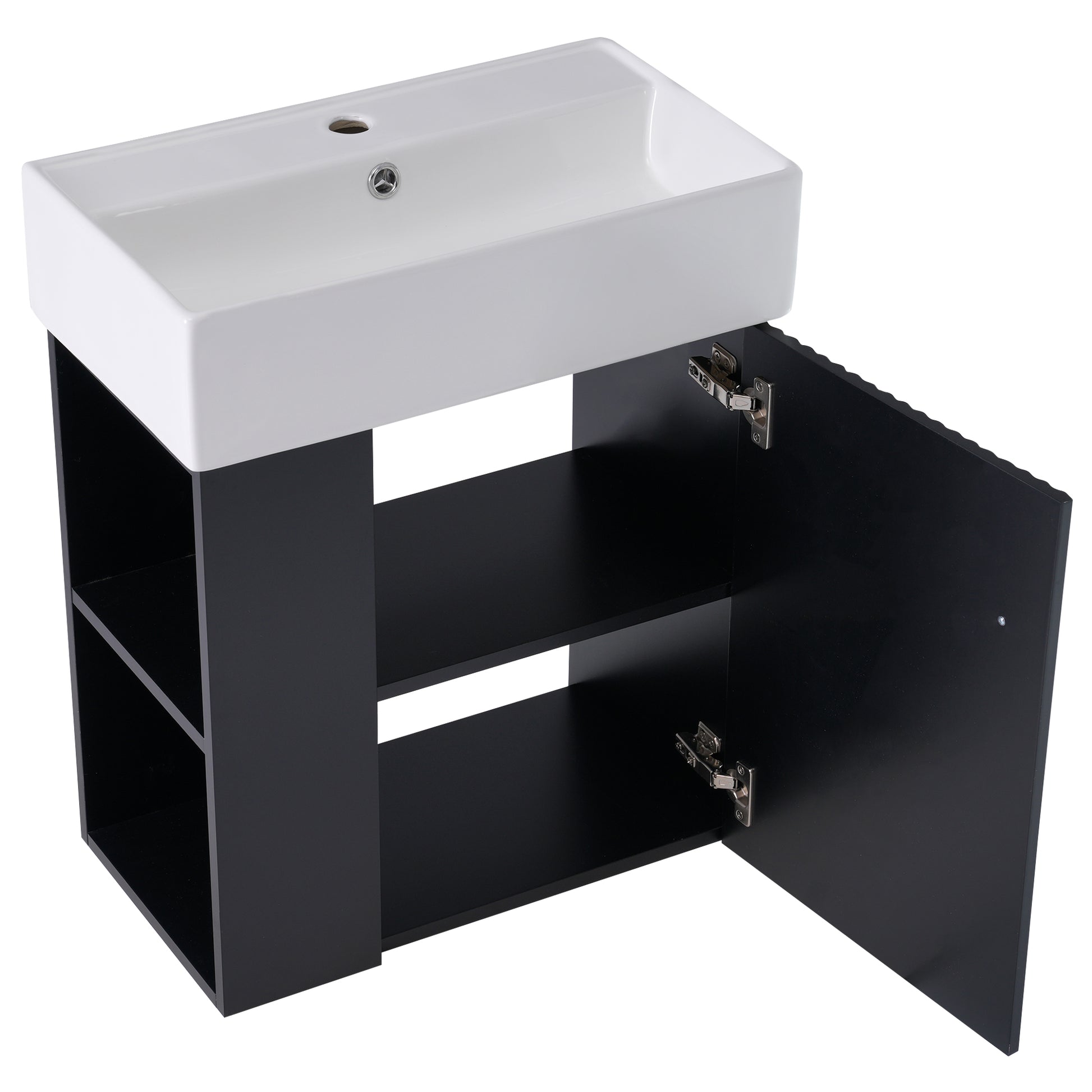 Video 21.6 Inch Modern Floating Bathroom Vanity With Ceramic Basin Perfect For Small Bathrooms, Left Side Storage Black Bathroom Ceramic Mdf